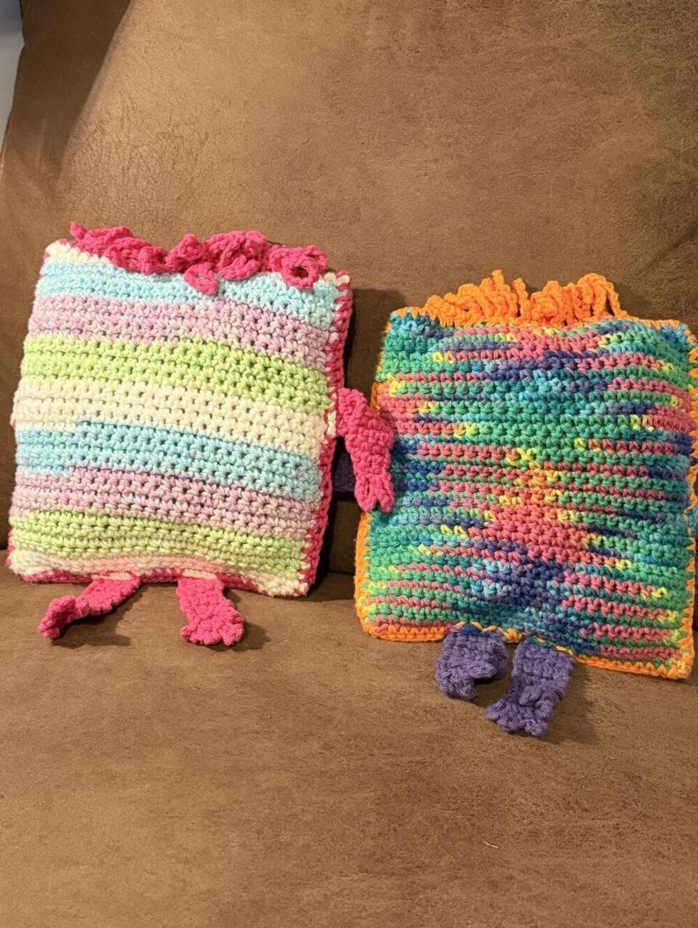 Unique Handmade Crochet Monster Pillows Set of 2 Square Stuffed Character Plush - Picture 4 of 6